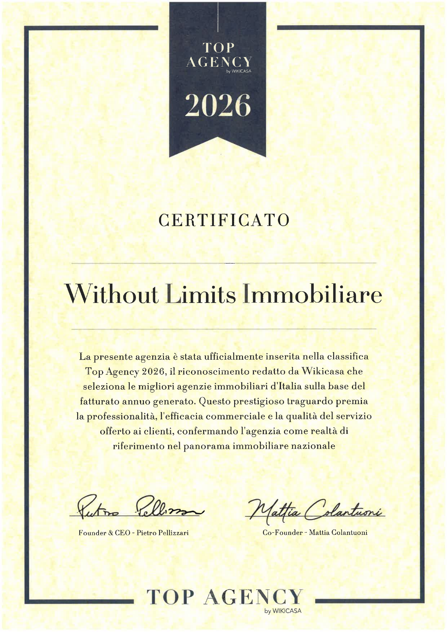 Certificato Top Agency 2026 assegnato a Without Limits Immobiliare da Wikicasa